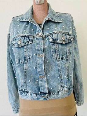 Pearl-Studded Light Blue Denim Jacket - Women